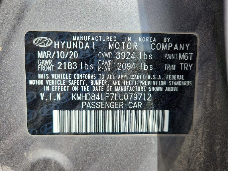 2020 Hyundai Elantra მანქანა იყიდება აუქციონზე, vin: KMHD84LF7LU079712, აუქციონის ნომერი: 63035756