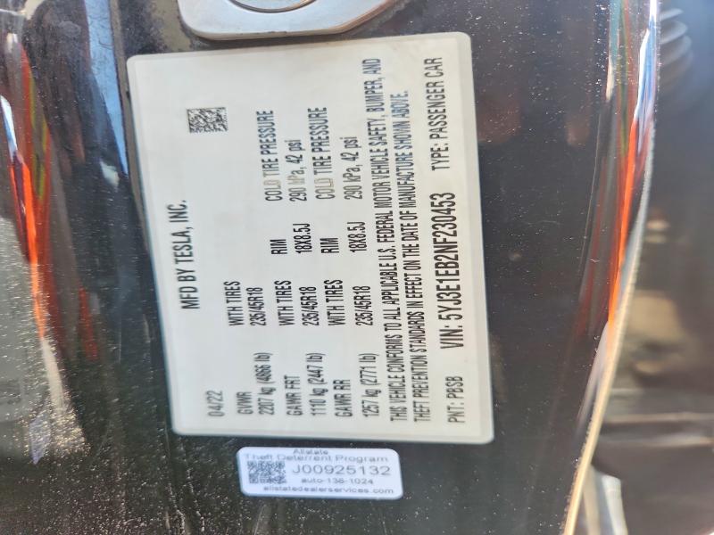 59344656 :رقم المزاد ، 5YJ3E1EB2NF230453 vin ، 2022 Tesla Model 3 مزاد بيع