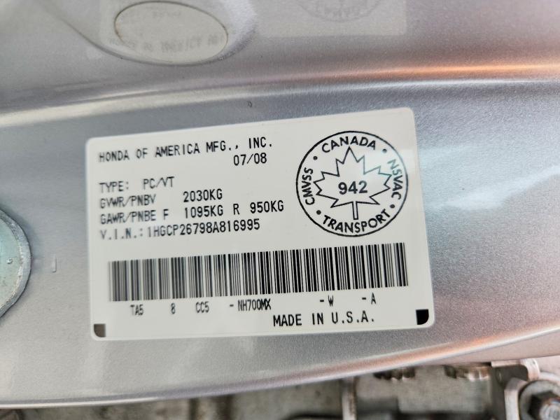 2008 Honda Accord მანქანა იყიდება აუქციონზე, vin: 1HGCP26798A816995, აუქციონის ნომერი: 61488786
