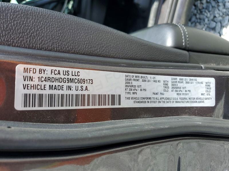 61525226 :رقم المزاد ، 1C4RDHDG9MC609173 vin ، 2021 Dodge Durango مزاد بيع