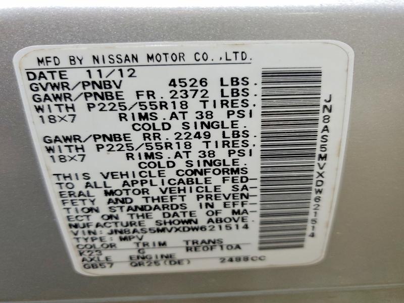 59715196 :رقم المزاد ، JN8AS5MVXDW621514 vin ، 2013 Nissan Rogue مزاد بيع
