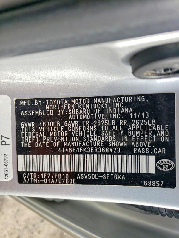 Aukcja sprzedaży 2014 Toyota Camry, vin: 4T4BF1FK3ER368423, numer aukcji: 59894846