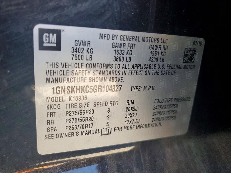 63040776 :رقم المزاد ، 1GNSKHKC5GR104327 vin ، 2016 Chevrolet Suburban مزاد بيع