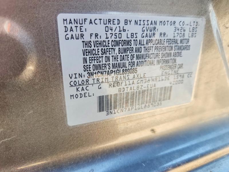 2016 Nissan Versa მანქანა იყიდება აუქციონზე, vin: 3N1CN7AP1GL889085, აუქციონის ნომერი: 63336846
