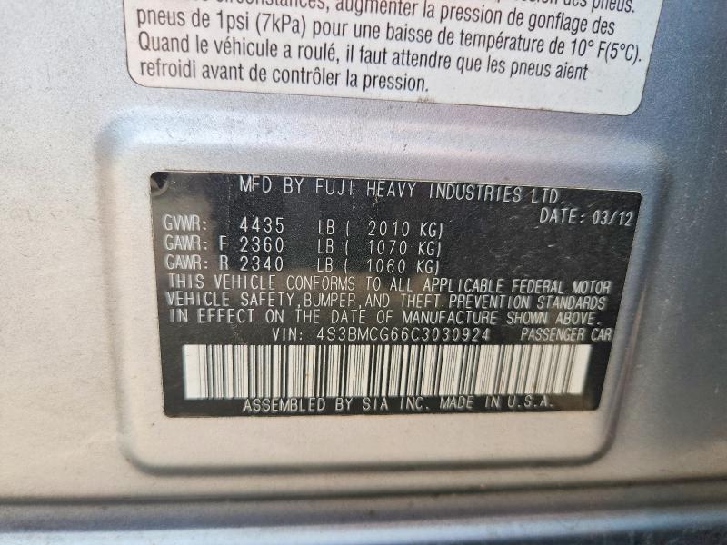 2012 Subaru Legacy მანქანა იყიდება აუქციონზე, vin: 4S3BMCG66C3030924, აუქციონის ნომერი: 60469916