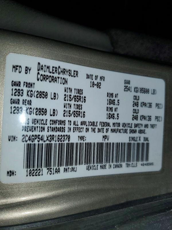 Продаж на аукціоні авто 2003 Chrysler Town & Country, vin: 2C4GP54LX3R162370, номер лоту: 62814156