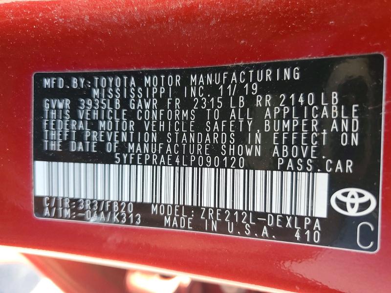 Продаж на аукціоні авто 2020 Toyota Corolla, vin: 5YFEPRAE4LP090120, номер лоту: 60145236