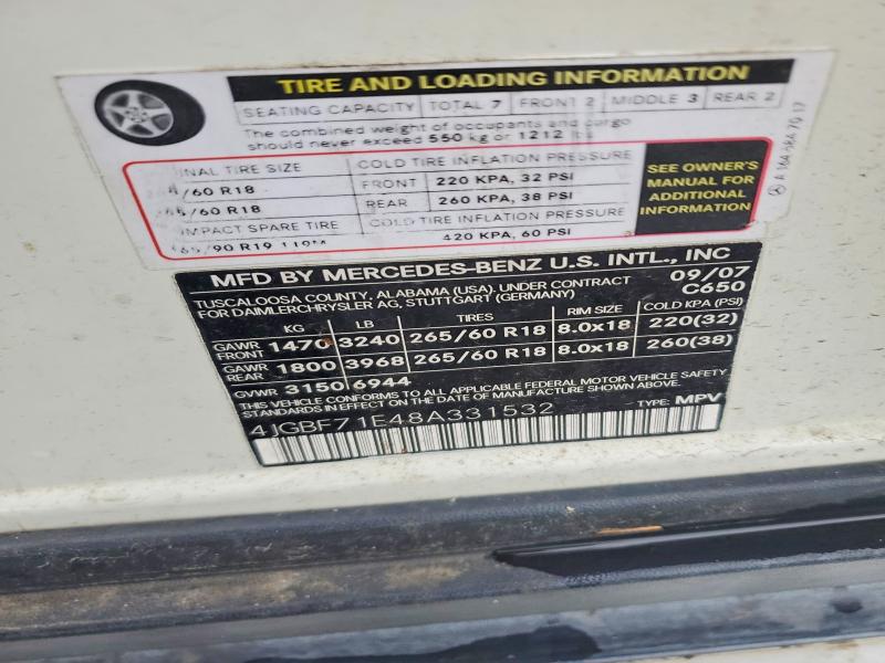 2008 Mercedes-benz Gl მანქანა იყიდება აუქციონზე, vin: 4JGBF71E48A331532, აუქციონის ნომერი: 59682596
