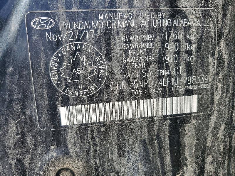 85969565 :رقم المزاد ، 5NPD74LF1JH298339 vin ، 2018 Hyundai Elantra مزاد بيع