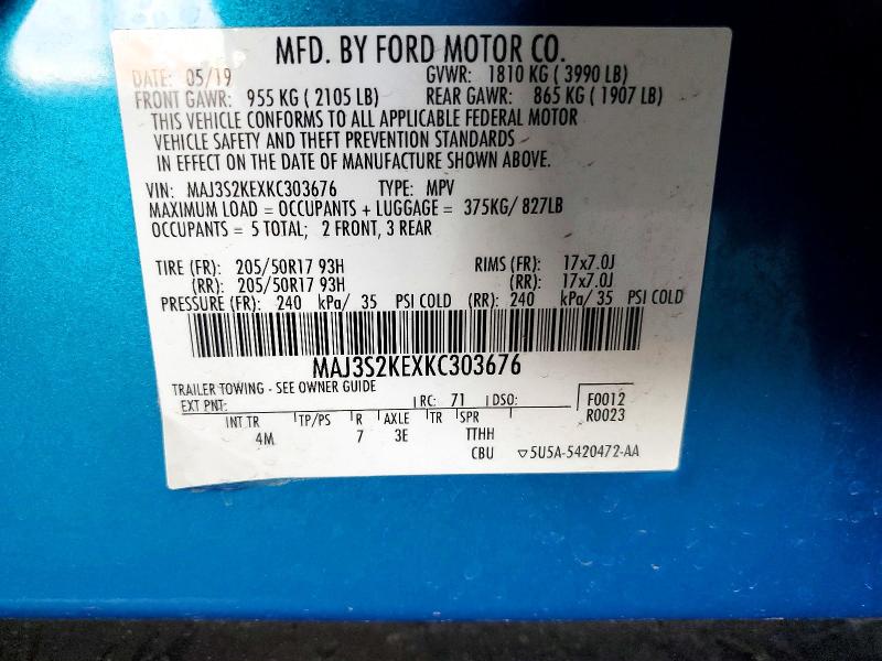 Продаж на аукціоні авто 2019 Ford Ecosport, vin: MAJ3S2KEXKC303676, номер лоту: 61086466