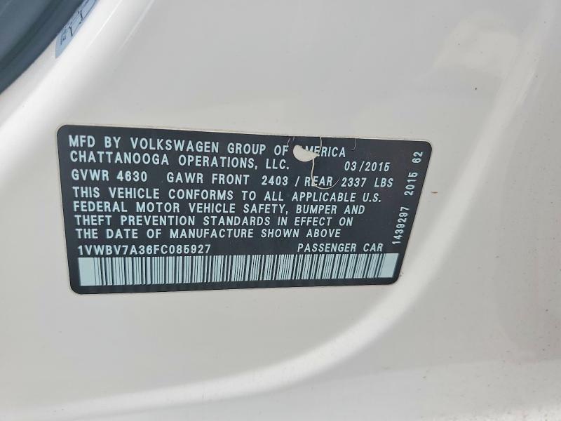 Продаж на аукціоні авто 2015 Volkswagen Passat, vin: 1VWBV7A36FC085927, номер лоту: 62639006