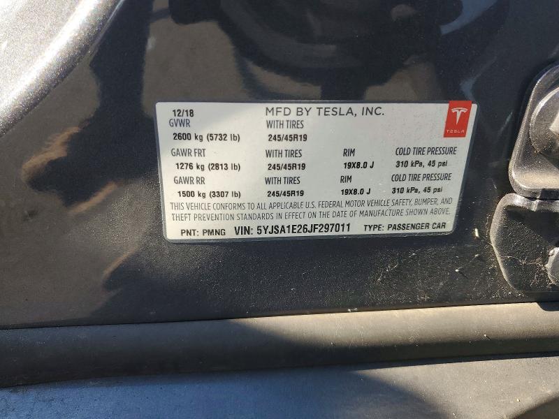 2018 Tesla Model S მანქანა იყიდება აუქციონზე, vin: 5YJSA1E26JF297011, აუქციონის ნომერი: 62260946