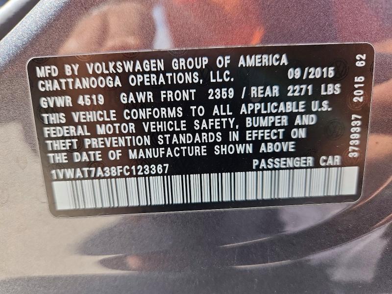 Aukcja sprzedaży 2015 Volkswagen Passat, vin: 1VWAT7A38FC123367, numer aukcji: 63349256