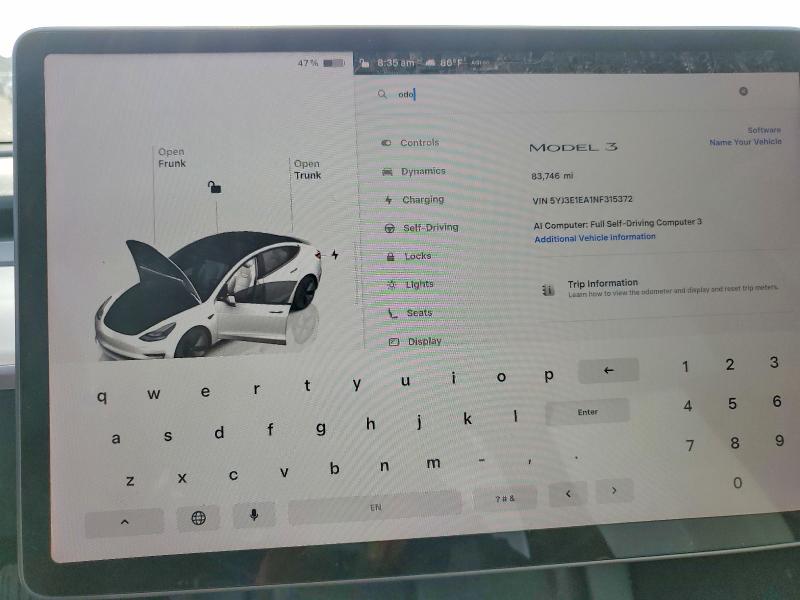 61839286 :رقم المزاد ، 5YJ3E1EA1NF315372 vin ، 2022 Tesla Model 3 مزاد بيع