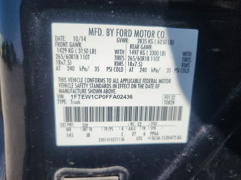 61177246 :رقم المزاد ، 1FTEW1CP0FFA02436 vin ، 2015 Ford F150 مزاد بيع