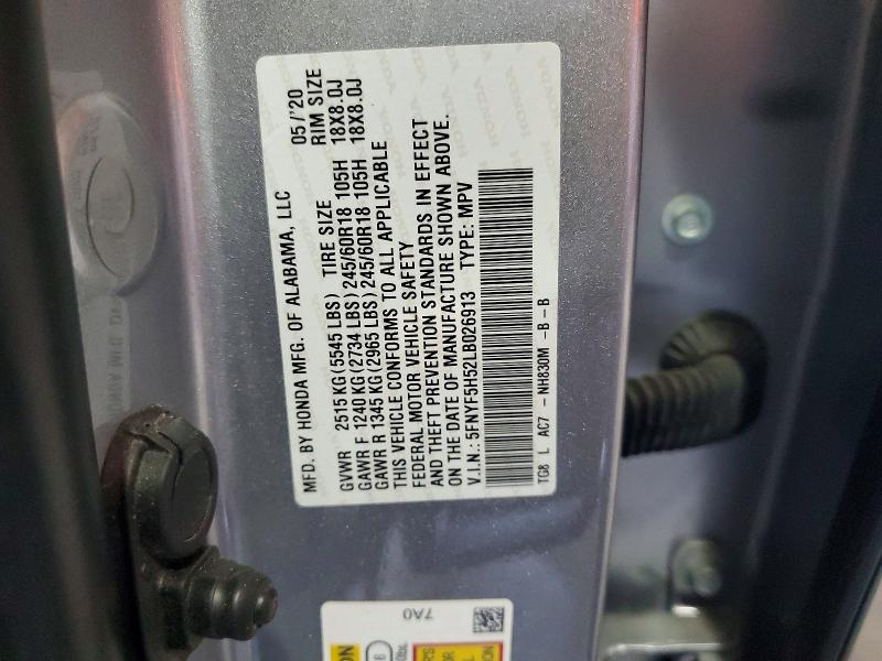 61536996 :رقم المزاد ، 5FNYF5H52LB026913 vin ، 2020 Honda Pilot مزاد بيع