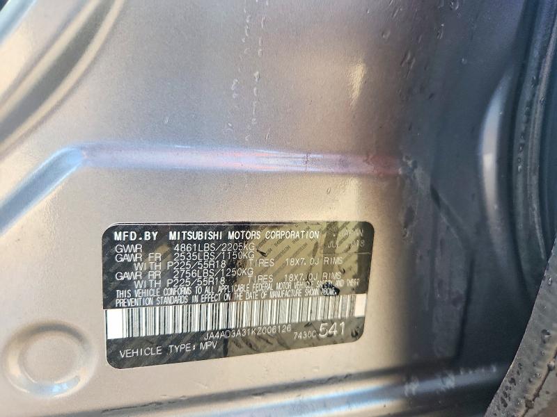 2019 Mitsubishi Outlander მანქანა იყიდება აუქციონზე, vin: JA4AD3A31KZ006126, აუქციონის ნომერი: 62436826