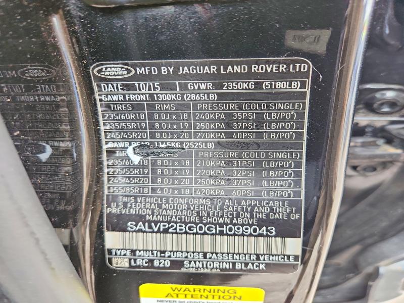 2016 Land Rover Range Rover Evoque მანქანა იყიდება აუქციონზე, vin: SALVP2BG0GH099043, აუქციონის ნომერი: 60029696