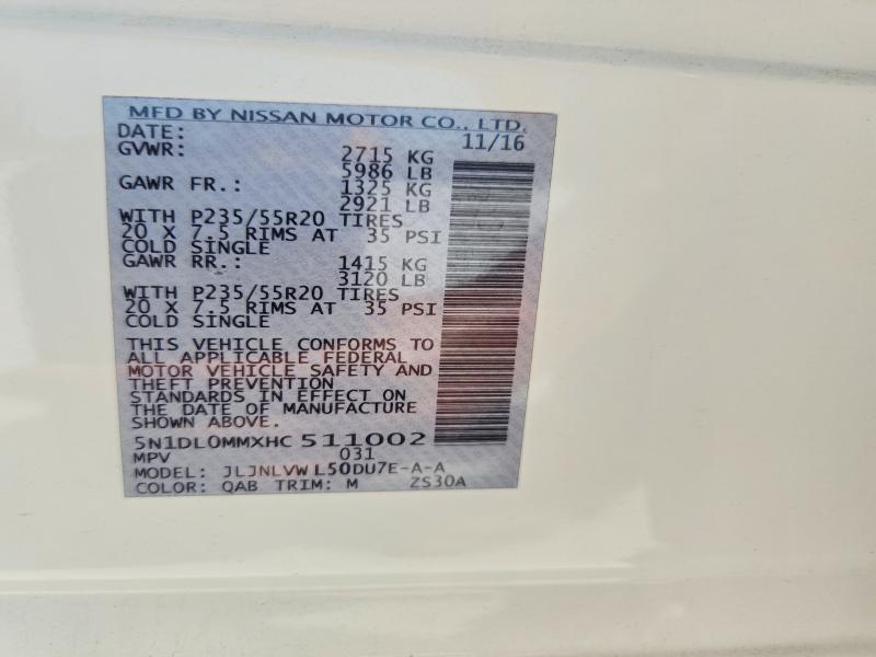 Aukcja sprzedaży 2017 Infiniti Qx60, vin: 5N1DL0MMXHC511002, numer aukcji: 60448766