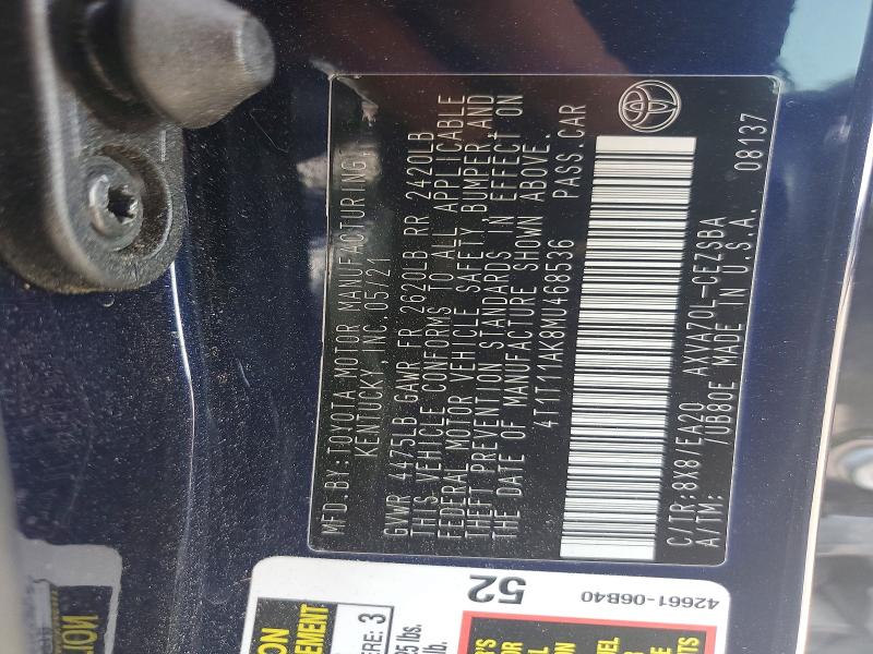 Продажа на аукционе авто 2021 Toyota Camry, vin: 4T1T11AK8MU468536, номер лота: 59694286