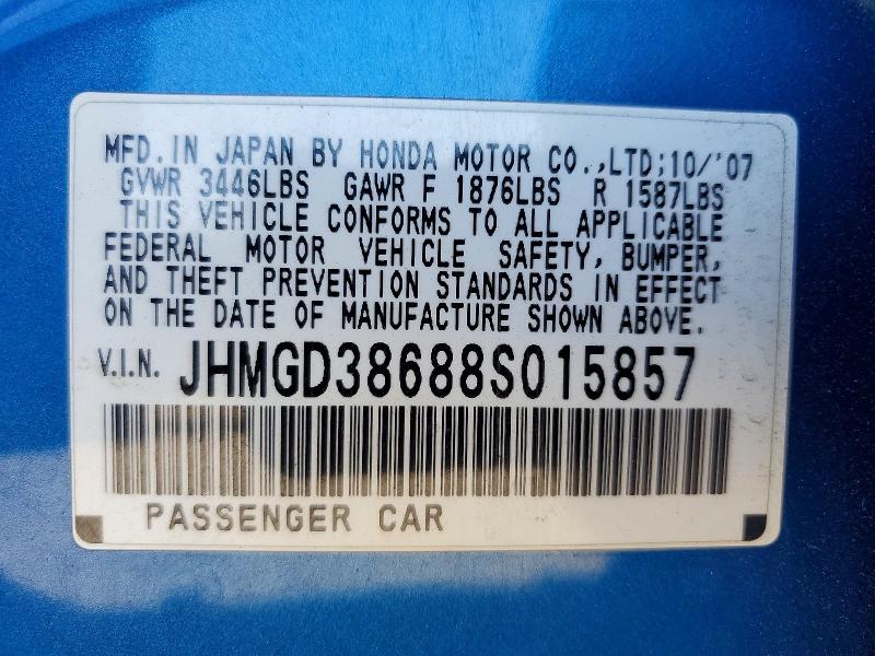 60465706 :رقم المزاد ، JHMGD38688S015857 vin ، 2008 Honda Fit مزاد بيع