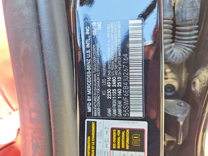 60872506 :رقم المزاد ، 55SWF6EB4JU267164 vin ، 2018 Mercedes-benz C مزاد بيع