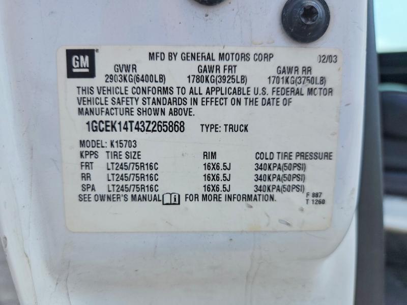 62319326 :رقم المزاد ، 1GCEK14T43Z265868 vin ، 2003 Chevrolet Silverado مزاد بيع