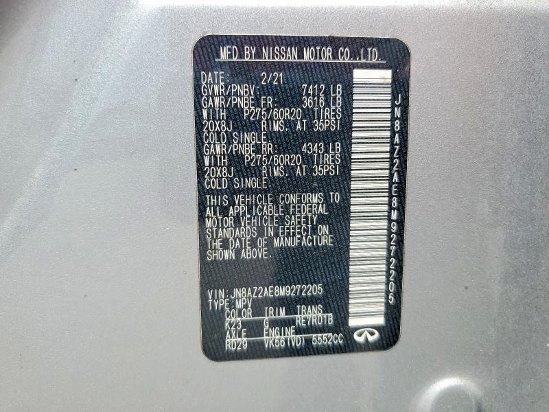60576036 :رقم المزاد ، JN8AZ2AE8M9272205 vin ، 2021 Infiniti Qx80 مزاد بيع