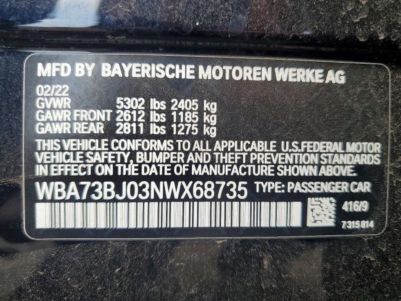 56707476 :رقم المزاد ، WBA73BJ03NWX68735 vin ، 2022 Bmw 540 مزاد بيع