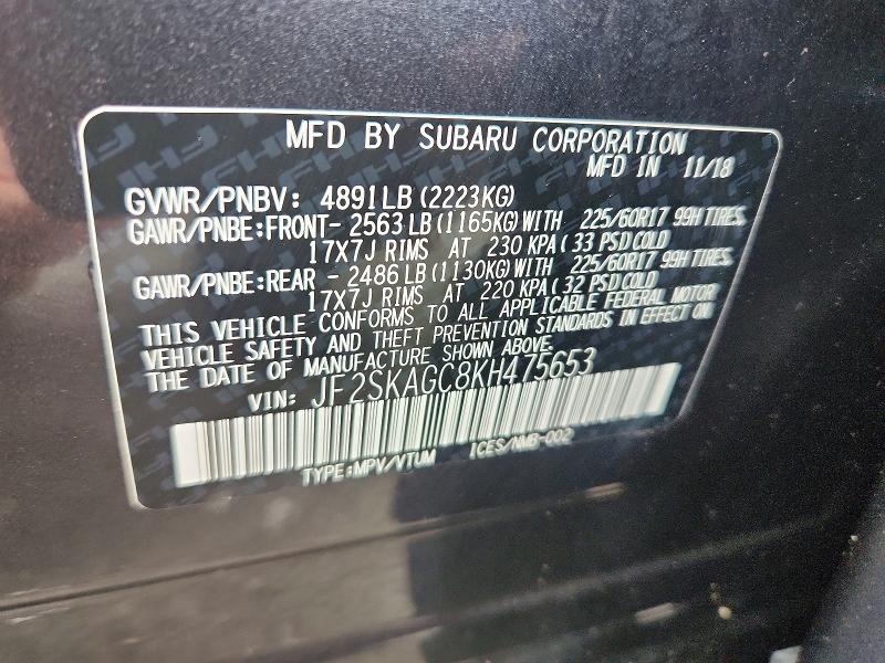 59861966 :رقم المزاد ، JF2SKAGC8KH475653 vin ، 2019 Subaru Forester مزاد بيع