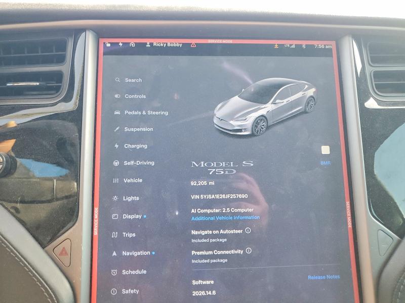 2018 Tesla Model S მანქანა იყიდება აუქციონზე, vin: 5YJSA1E26JF257690, აუქციონის ნომერი: 58997776