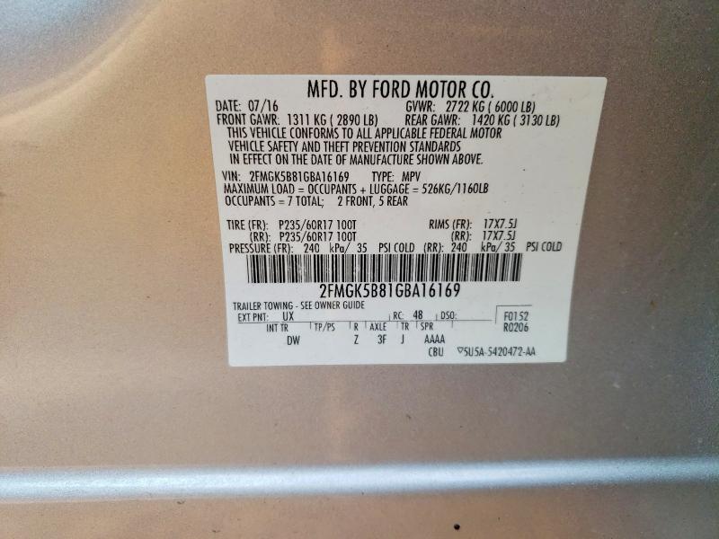 60869526 :رقم المزاد ، 2FMGK5B81GBA16169 vin ، 2016 Ford Flex مزاد بيع