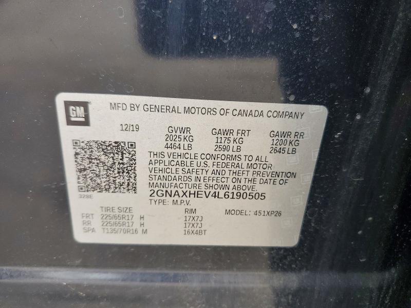 62042706 :رقم المزاد ، 2GNAXHEV4L6190505 vin ، 2020 Chevrolet Equinox مزاد بيع