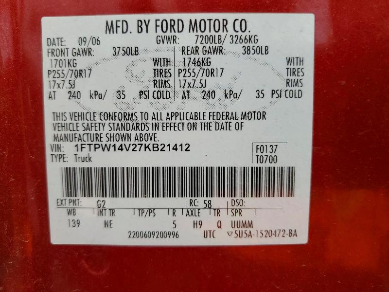 Продаж на аукціоні авто 2007 Ford F150, vin: 1FTPW14V27KB21412, номер лоту: 61078906