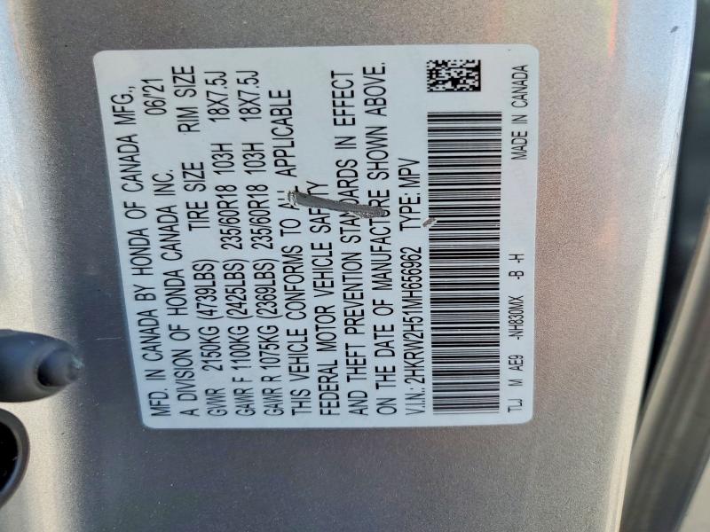 62118436 :رقم المزاد ، 2HKRW2H51MH656962 vin ، 2021 Honda Cr-v مزاد بيع