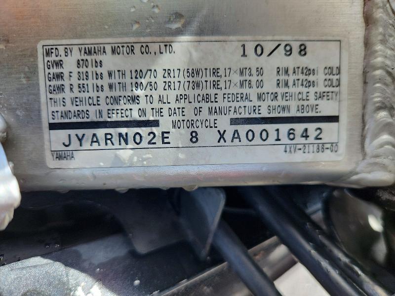 1999 Yamaha Yzfr1 მანქანა იყიდება აუქციონზე, vin: JYARN02E8XA001642, აუქციონის ნომერი: 61173786
