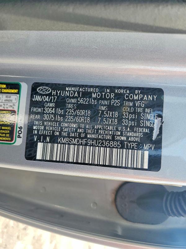 Aukcja sprzedaży 2017 Hyundai Santa Fe, vin: KM8SMDHF9HU236885, numer aukcji: 60799316