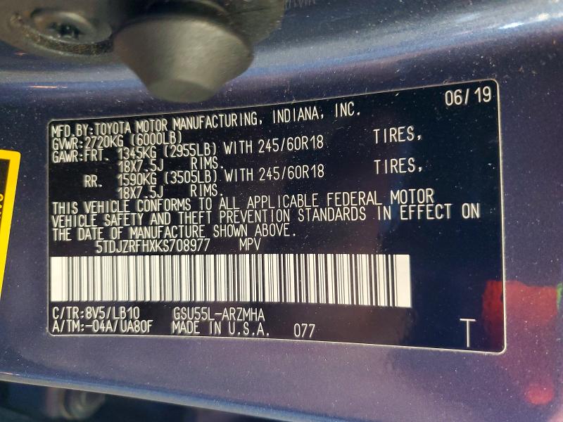 60934686 :رقم المزاد ، 5TDJZRFHXKS708977 vin ، 2019 Toyota Highlander مزاد بيع
