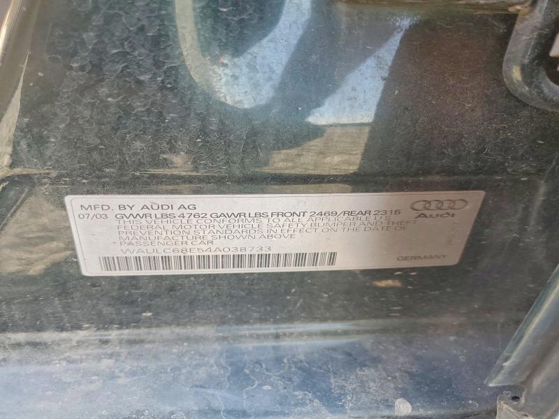 2004 Audi A4 მანქანა იყიდება აუქციონზე, vin: WAULC68E54A038733, აუქციონის ნომერი: 60039436
