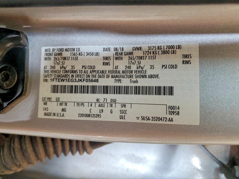 2018 Ford F150 მანქანა იყიდება აუქციონზე, vin: 1FTEW1EG3JKF05648, აუქციონის ნომერი: 60685026