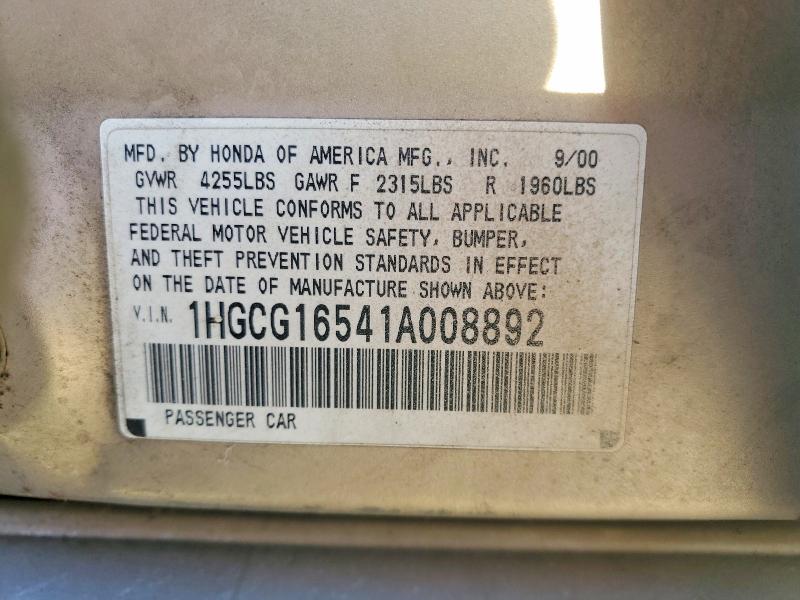 2001 Honda Accord მანქანა იყიდება აუქციონზე, vin: 1HGCG16541A008892, აუქციონის ნომერი: 61584706