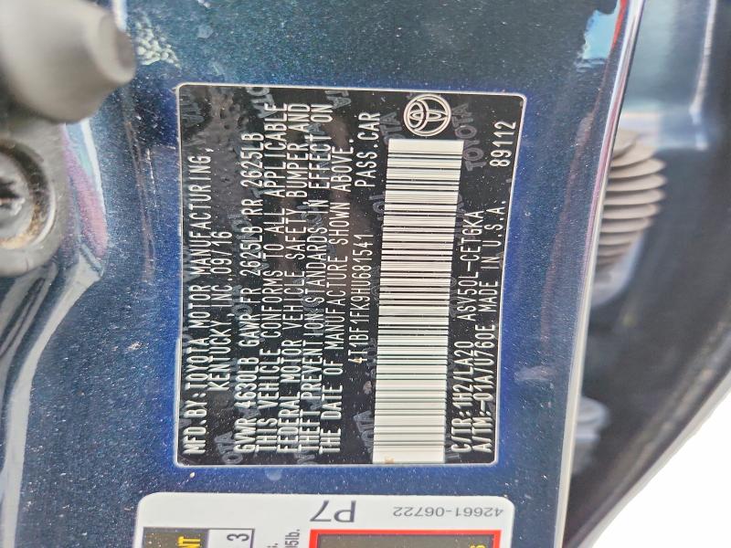 Aukcja sprzedaży 2017 Toyota Camry, vin: 4T1BF1FK9HU681541, numer aukcji: 61325466