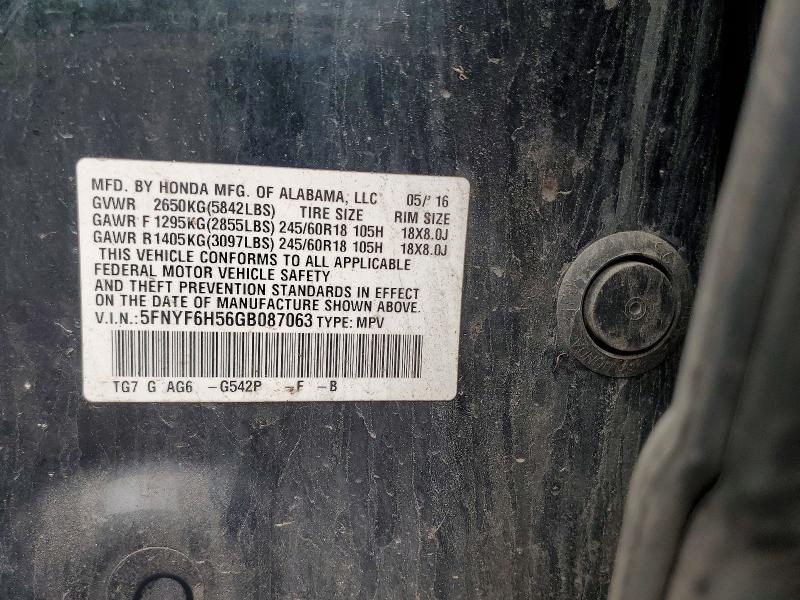 2016 Honda Pilot მანქანა იყიდება აუქციონზე, vin: 5FNYF6H56GB087063, აუქციონის ნომერი: 61491286
