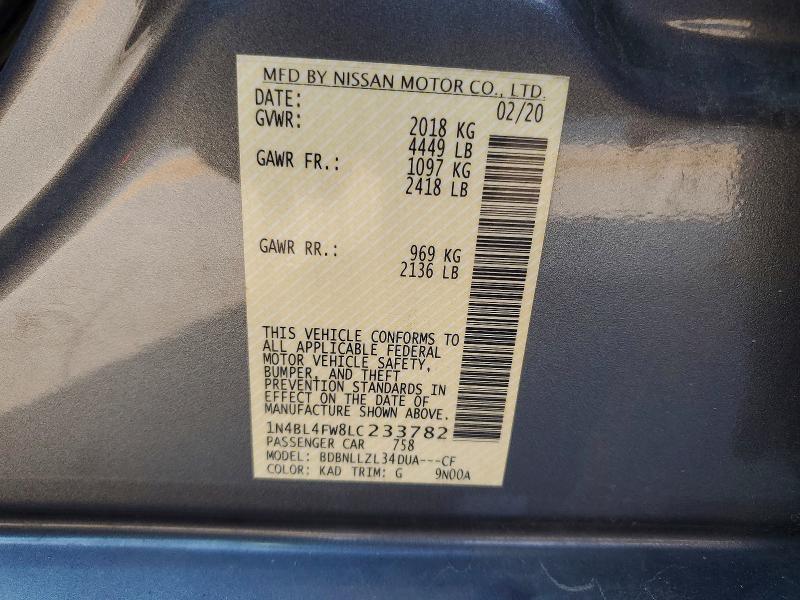 60187086 :رقم المزاد ، 1N4BL4FW8LC233782 vin ، 2020 Nissan Altima مزاد بيع