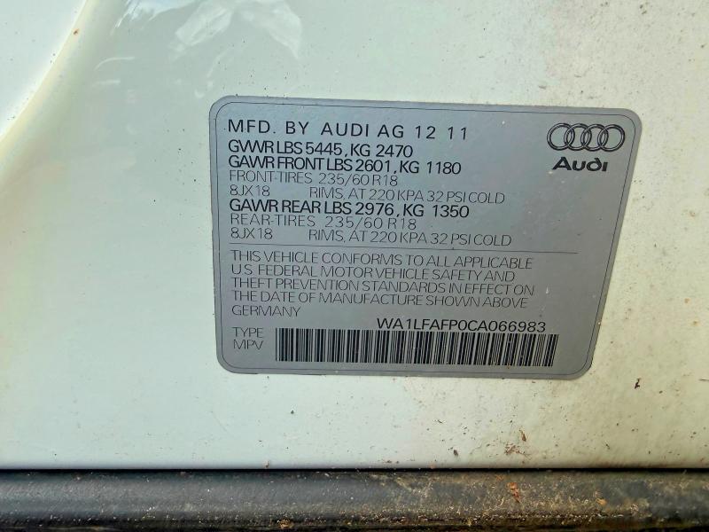 63611556 :رقم المزاد ، WA1LFAFP0CA06698 vin ، 2012 Audi Q5 مزاد بيع