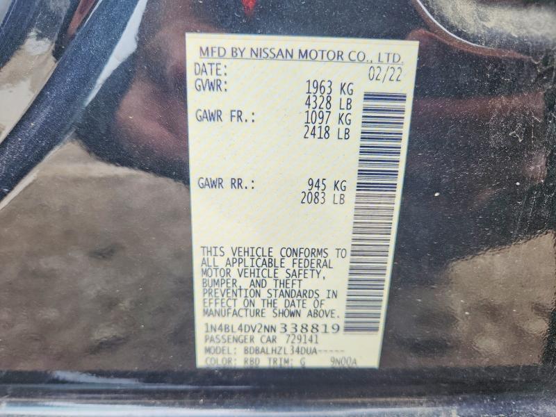 2022 Nissan Altima მანქანა იყიდება აუქციონზე, vin: 1N4BL4DV2NN338819, აუქციონის ნომერი: 61392276