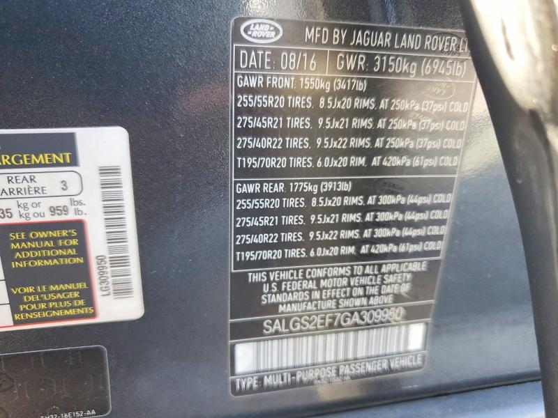Aukcja sprzedaży 2016 Land Rover Range Rover, vin: SALGS2EF7GA309950, numer aukcji: 60081646