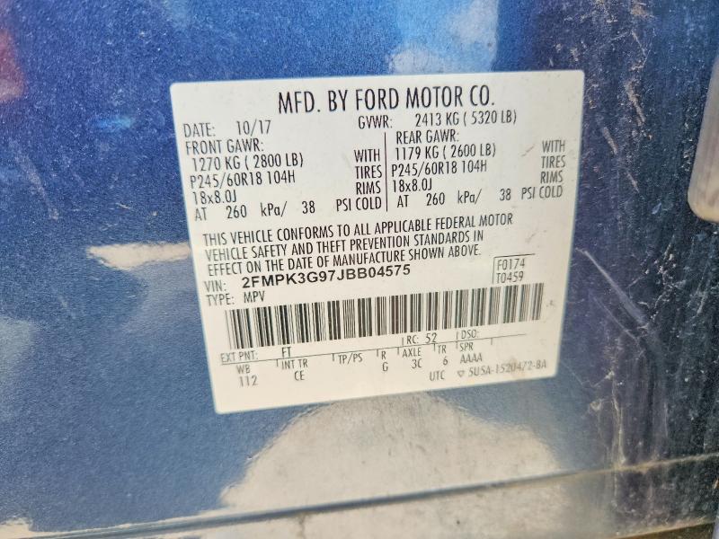 62875436 :رقم المزاد ، 2FMPK3G97JBB04575 vin ، 2018 Ford Edge مزاد بيع
