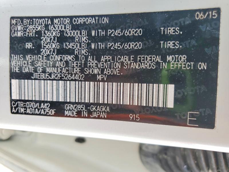 Aukcja sprzedaży 2015 Toyota 4runner, vin: JTEBU5JR2F5264402, numer aukcji: 60820766
