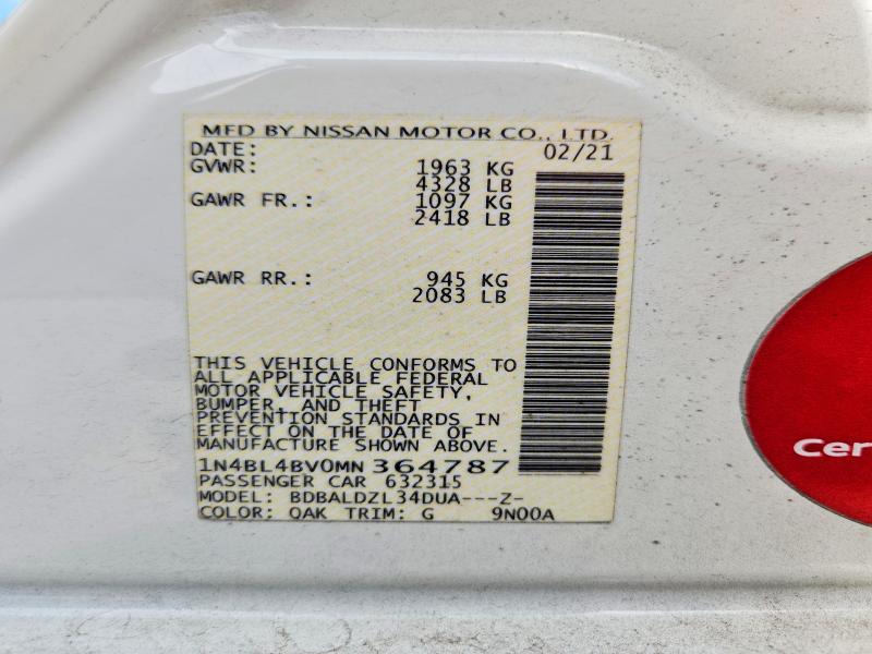 Продаж на аукціоні авто 2021 Nissan Altima, vin: 1N4BL4BV0MN364787, номер лоту: 60934406